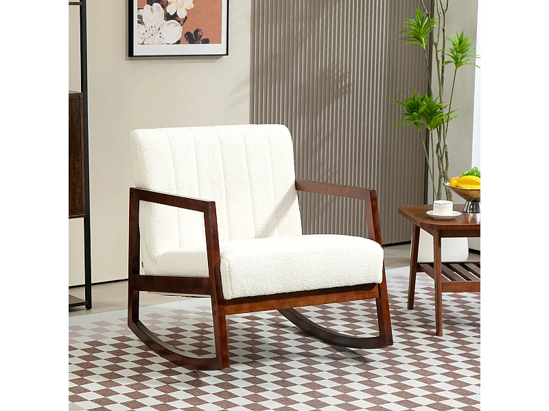 Fauteuil lounge à bascule - assise profonde, dossier incliné - accoudoirs, structure bois hévéa - revêtement effet laine bouclée crème