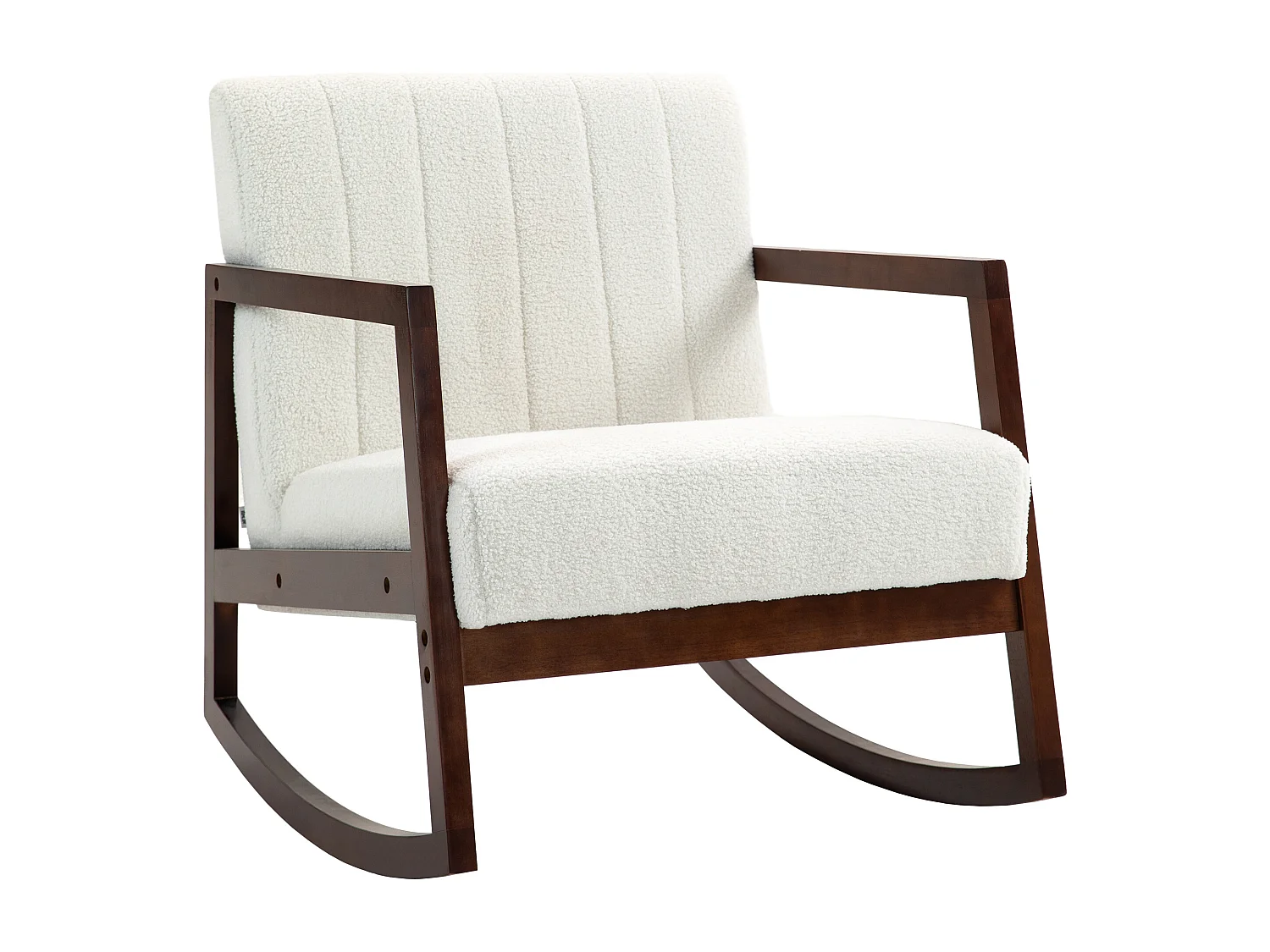 Fauteuil lounge à bascule - assise profonde, dossier incliné - accoudoirs, structure bois hévéa - revêtement effet laine bouclée crème