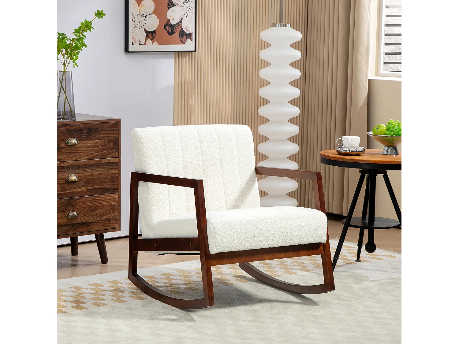 Fauteuil lounge à bascule - assise profonde, dossier incliné - accoudoirs, structure bois hévéa - revêtement effet laine bouclée crème