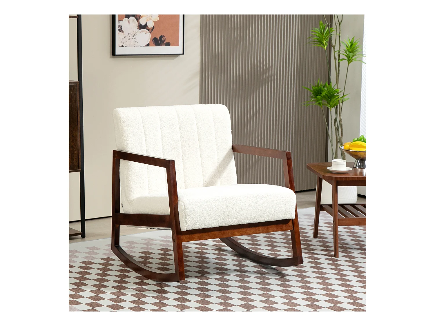 Fauteuil lounge à bascule - assise profonde, dossier incliné - accoudoirs, structure bois hévéa - revêtement effet laine bouclée crème
