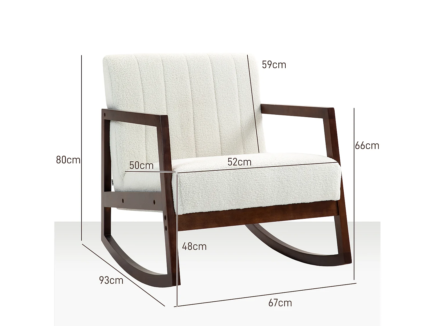 Fauteuil lounge à bascule - assise profonde, dossier incliné - accoudoirs, structure bois hévéa - revêtement effet laine bouclée crème