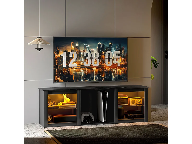 Meuble TV design LED - banc TV contemporain - 2 étagères verre, grande niche et plateau - dim. 160 x 35 x 35 cm - noir