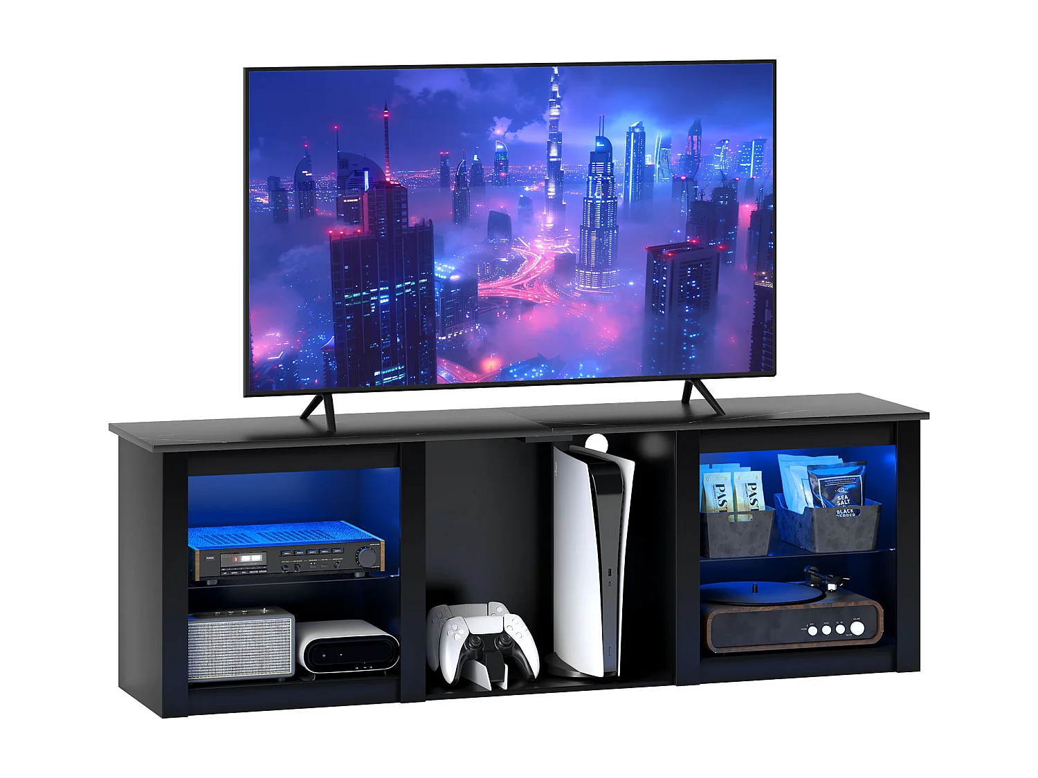 Meuble TV design LED - banc TV contemporain - 2 étagères verre, grande niche et plateau - dim. 160 x 35 x 35 cm - noir