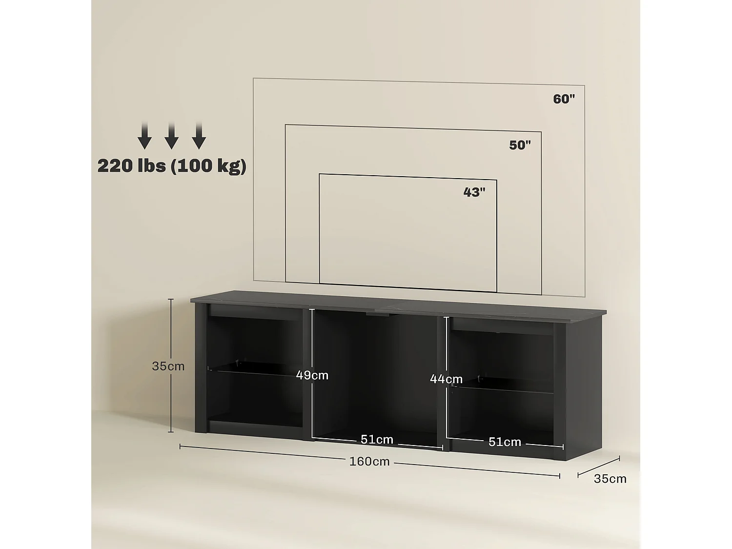 Meuble TV design LED - banc TV contemporain - 2 étagères verre, grande niche et plateau - dim. 160 x 35 x 35 cm - noir