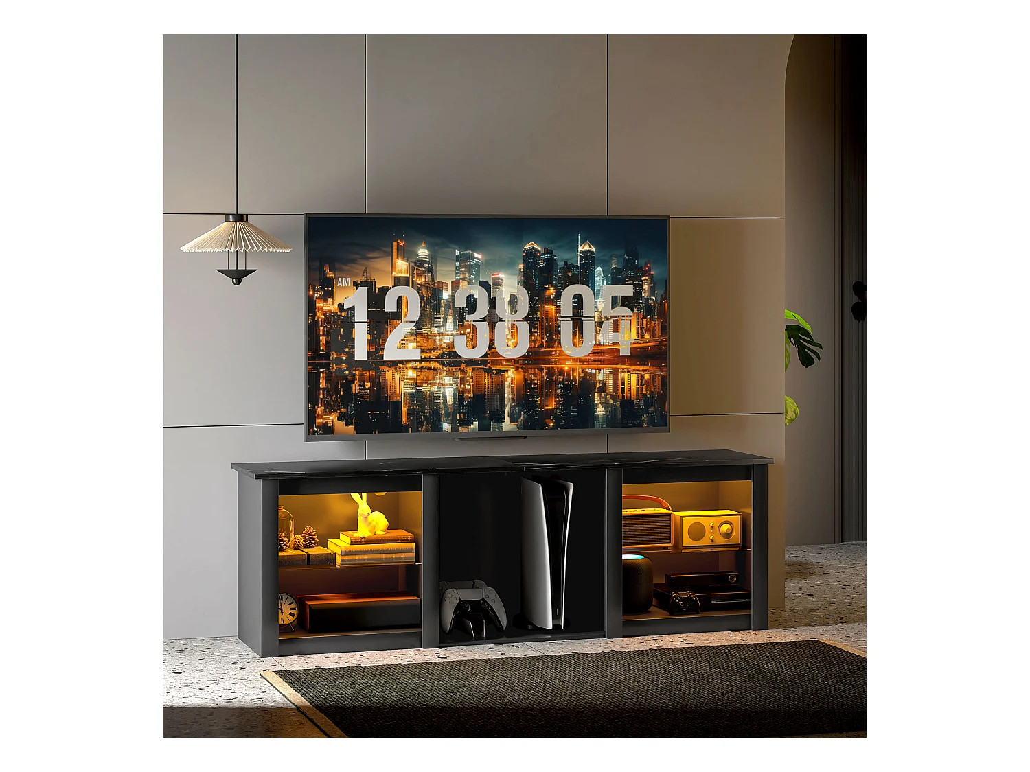 Meuble TV design LED - banc TV contemporain - 2 étagères verre, grande niche et plateau - dim. 160 x 35 x 35 cm - noir