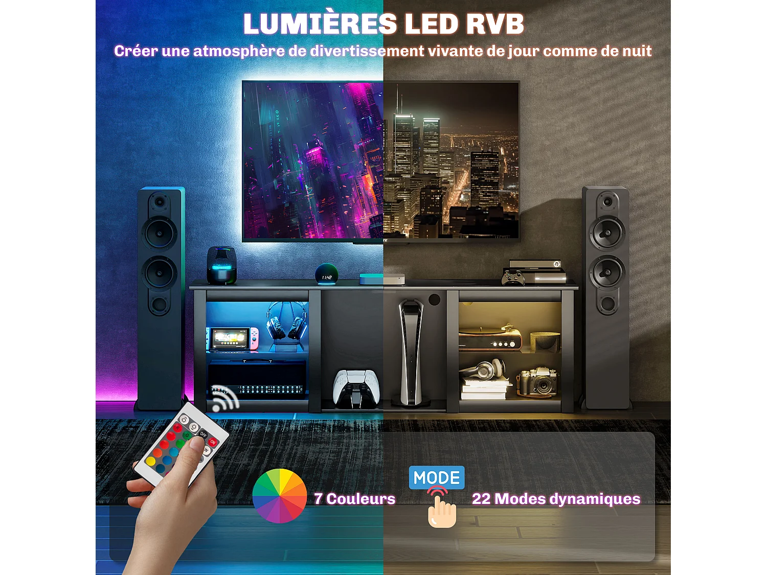 Meuble TV design LED - banc TV contemporain - 2 étagères verre, grande niche et plateau - dim. 160 x 35 x 35 cm - noir