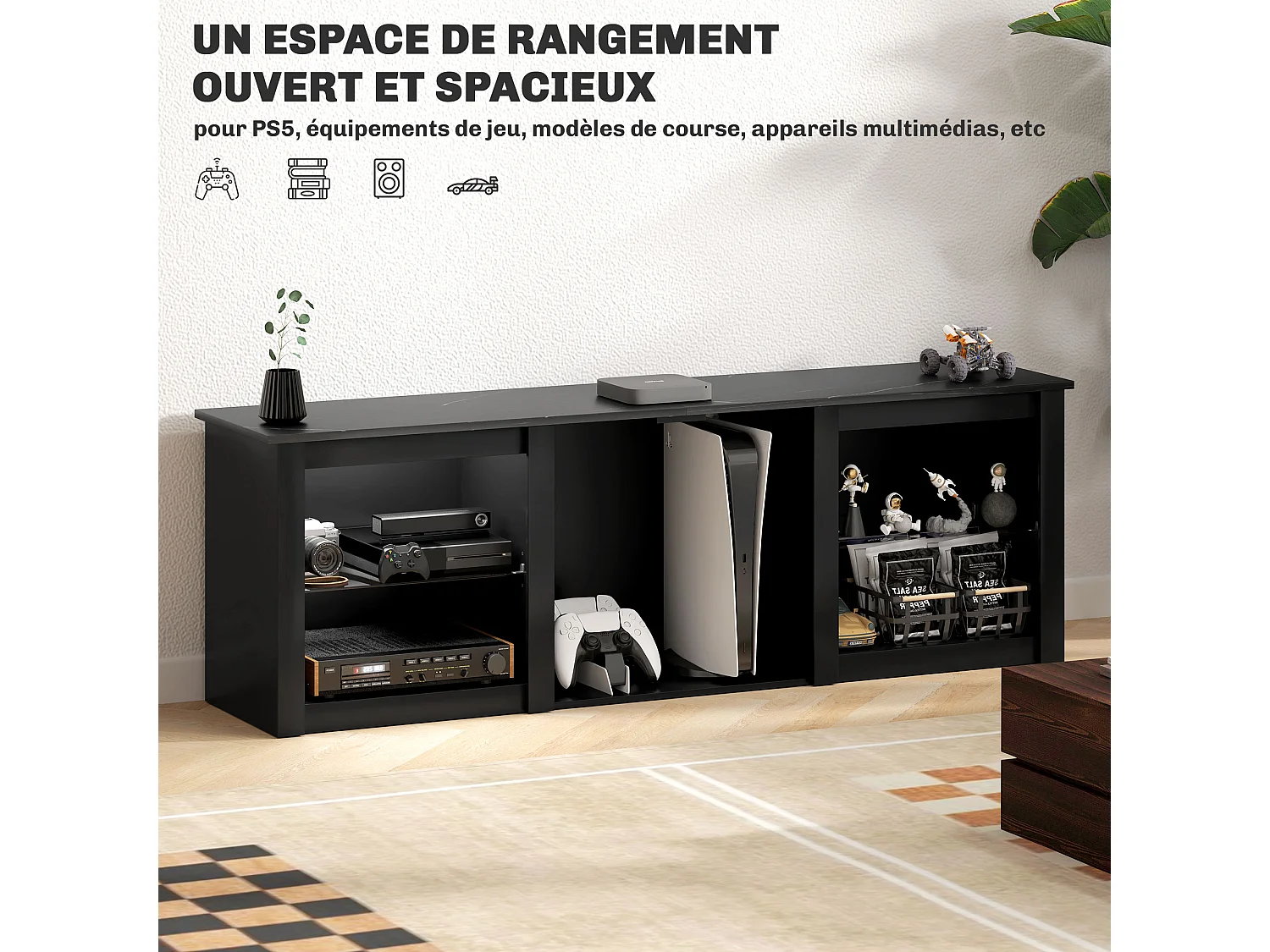 Meuble TV design LED - banc TV contemporain - 2 étagères verre, grande niche et plateau - dim. 160 x 35 x 35 cm - noir