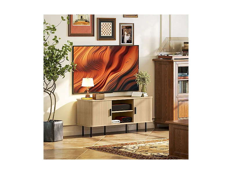 Meuble TV style scandinave - 2 portes, 2 niches - acier noir aspect bois clair