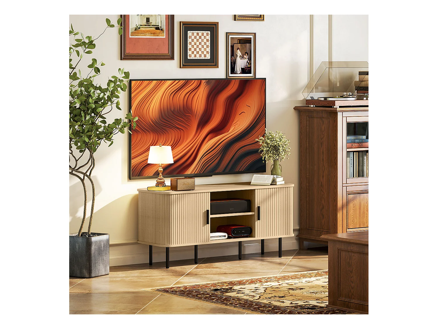 Meuble TV style scandinave - 2 portes, 2 niches - acier noir aspect bois clair