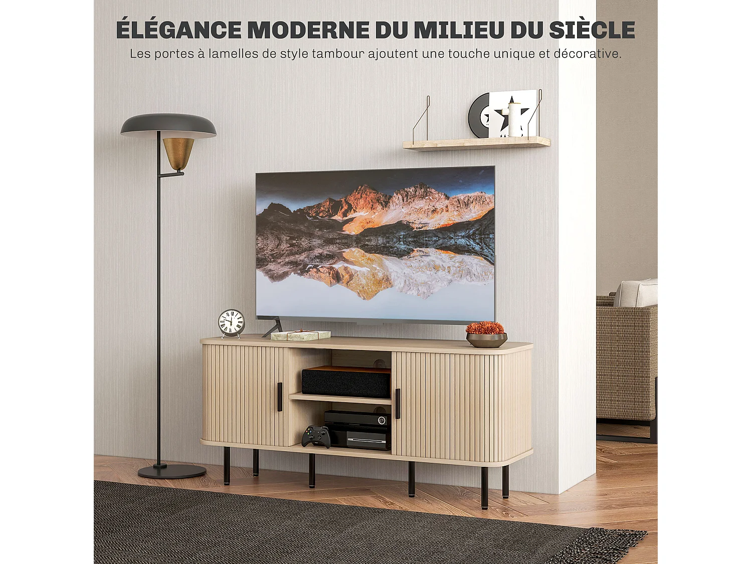 Meuble TV style scandinave - 2 portes, 2 niches - acier noir aspect bois clair