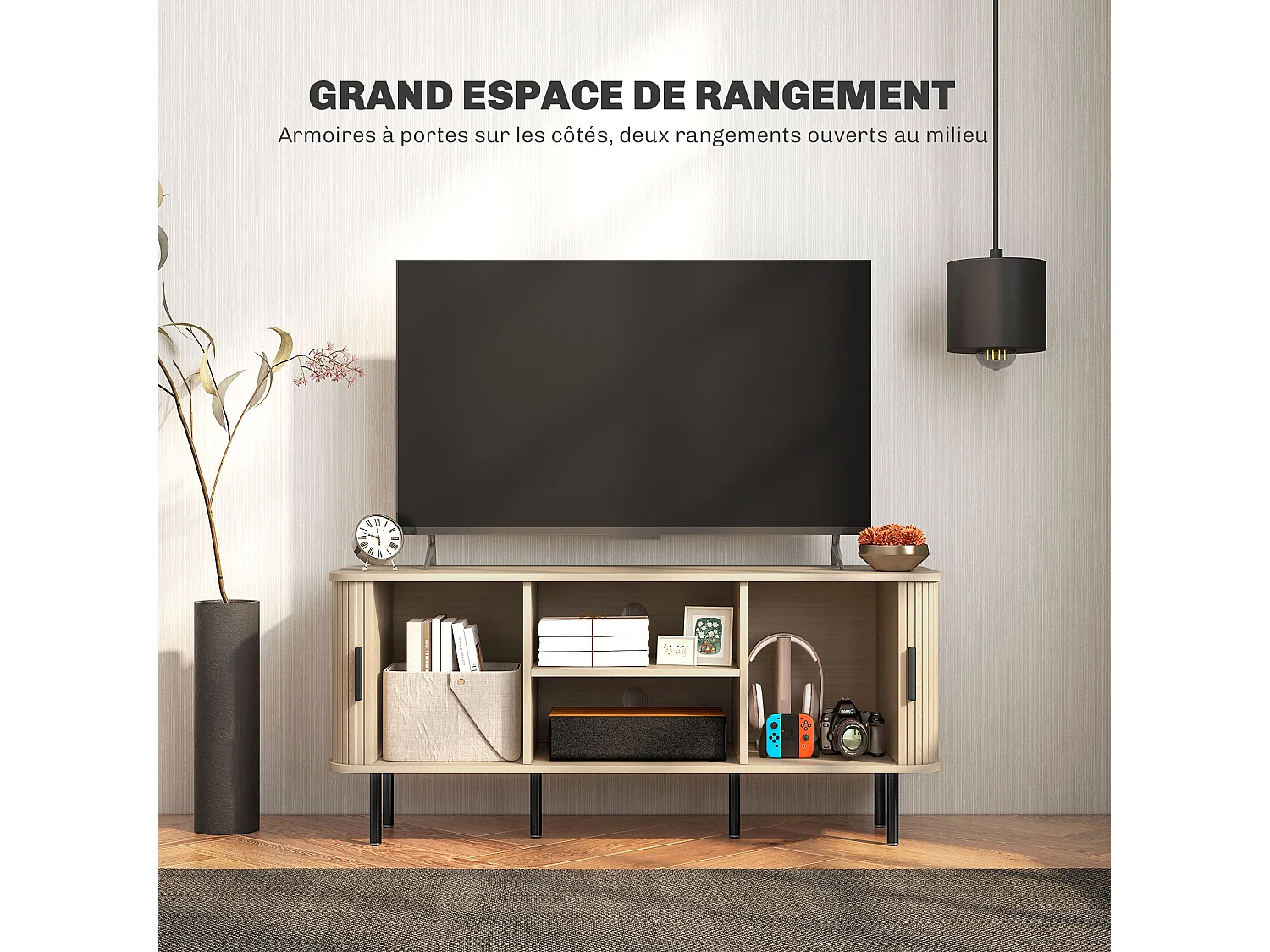 Meuble TV style scandinave - 2 portes, 2 niches - acier noir aspect bois clair