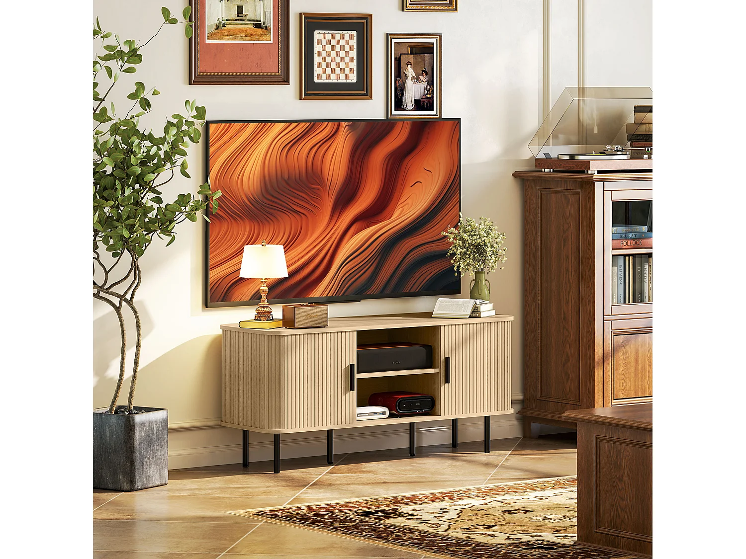 Meuble TV style scandinave - 2 portes, 2 niches - acier noir aspect bois clair