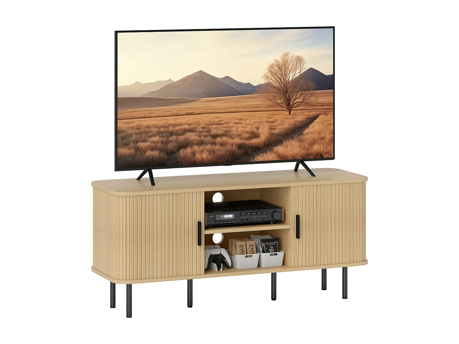 Meuble TV style scandinave - 2 portes, 2 niches - acier noir aspect bois clair