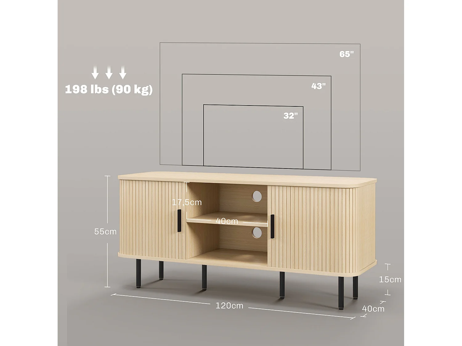 Meuble TV style scandinave - 2 portes, 2 niches - acier noir aspect bois clair