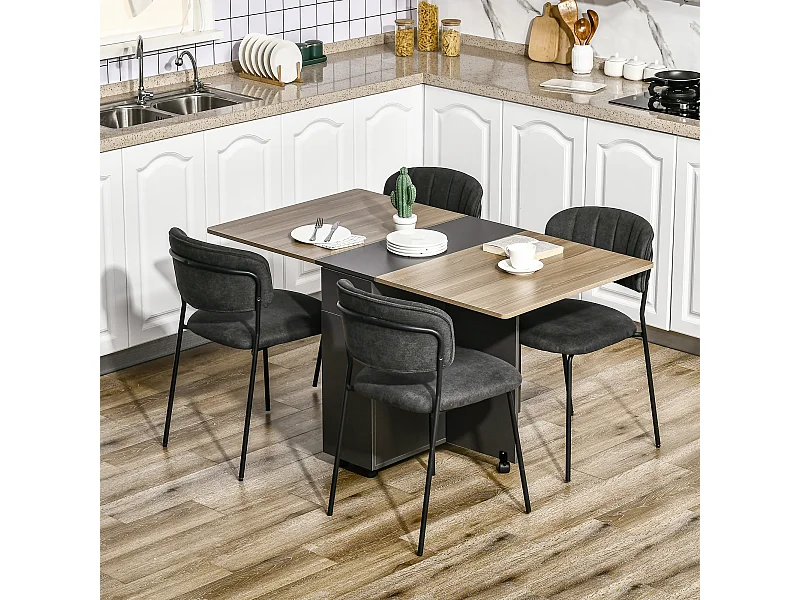 Table à manger pliante sur roulettes - porte, 2 tiroirs - gris aspect chêne clair