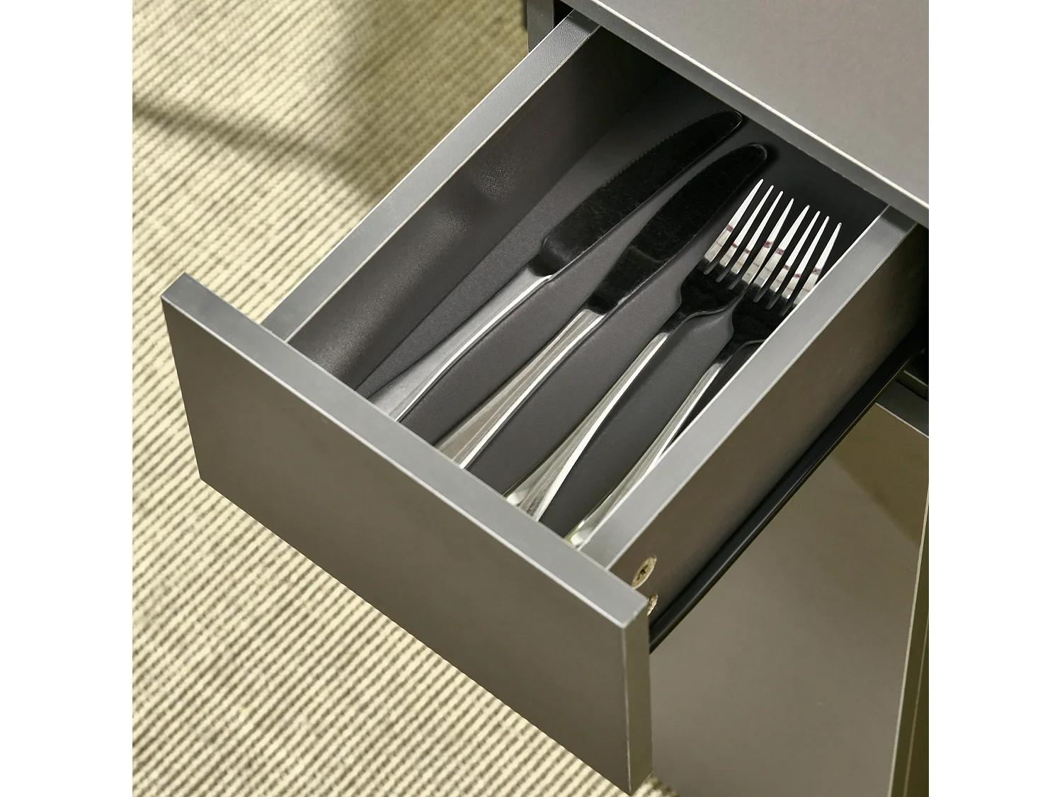 Table à manger pliante sur roulettes - porte, 2 tiroirs - gris aspect chêne clair