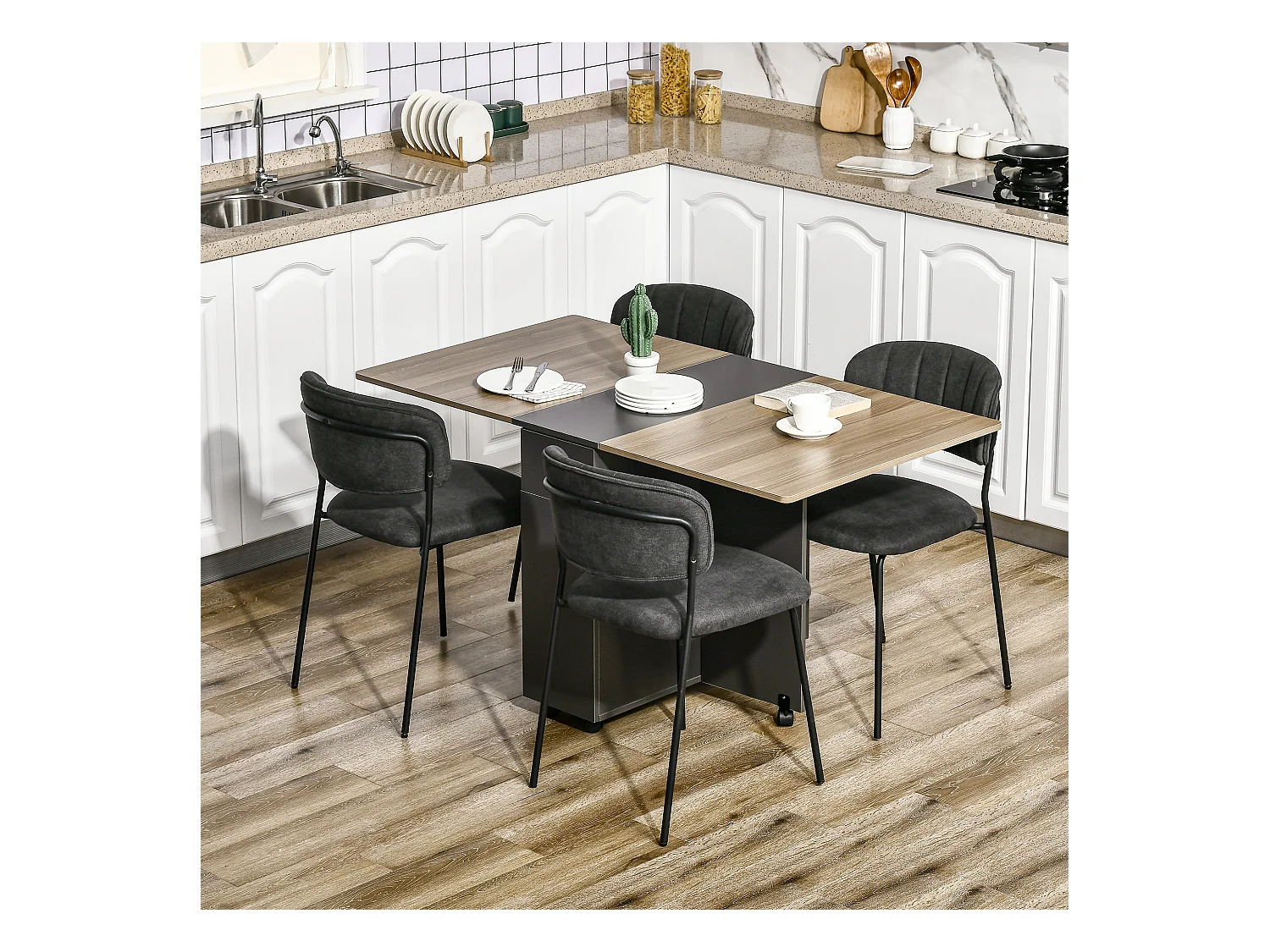 Table à manger pliante sur roulettes - porte, 2 tiroirs - gris aspect chêne clair