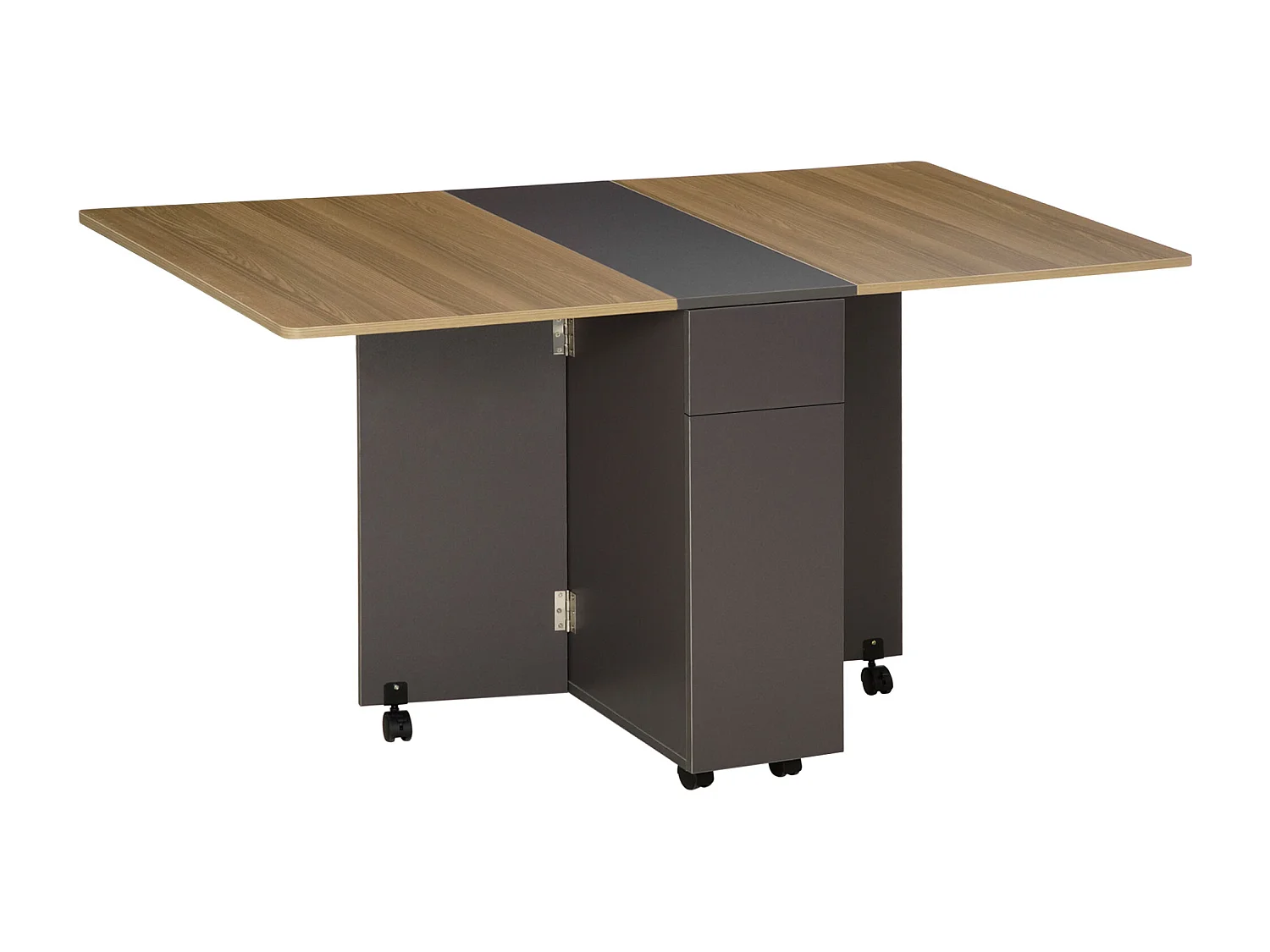 Table à manger pliante sur roulettes - porte, 2 tiroirs - gris aspect chêne clair