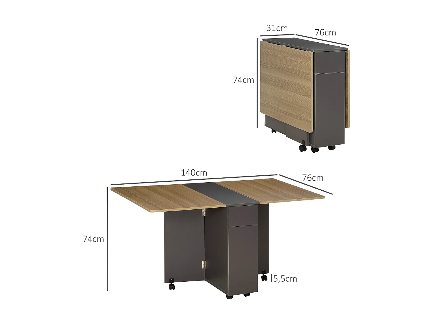 Table à manger pliante sur roulettes - porte, 2 tiroirs - gris aspect chêne clair
