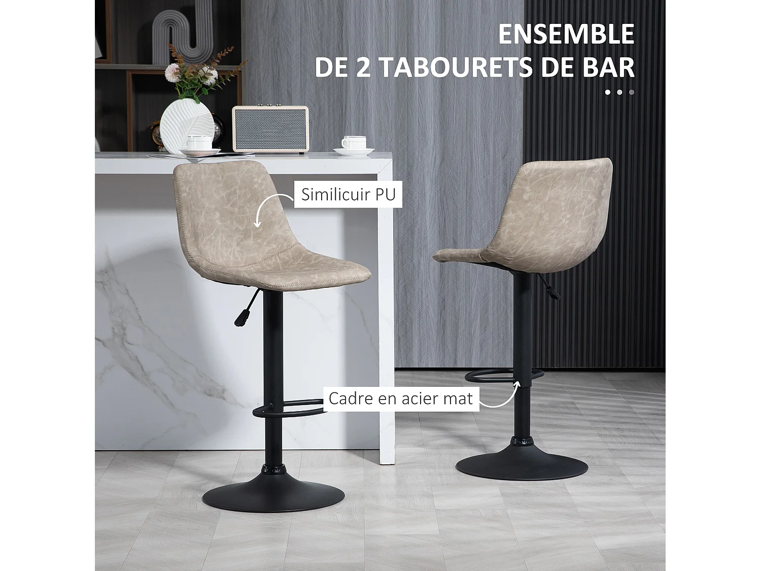 Lot de 2 tabourets de bar Vintage hauteur réglable pivotant avec repose-pied PU avec surpiqûres beige