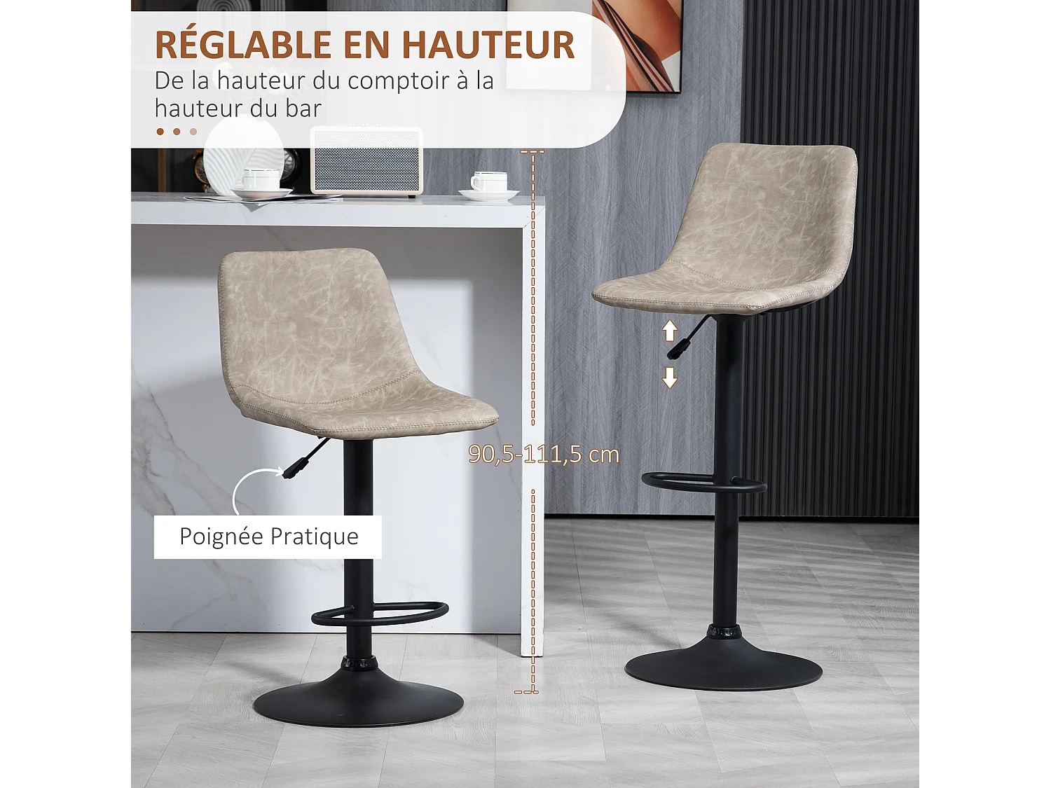 Lot de 2 tabourets de bar Vintage hauteur réglable pivotant avec repose-pied PU avec surpiqûres beige