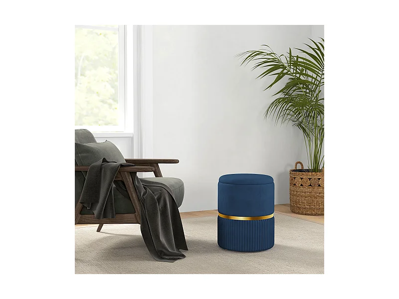 Pouf repose-pied tabouret design avec coffre de rangement velours côtelé acier brossé doré bleu foncé