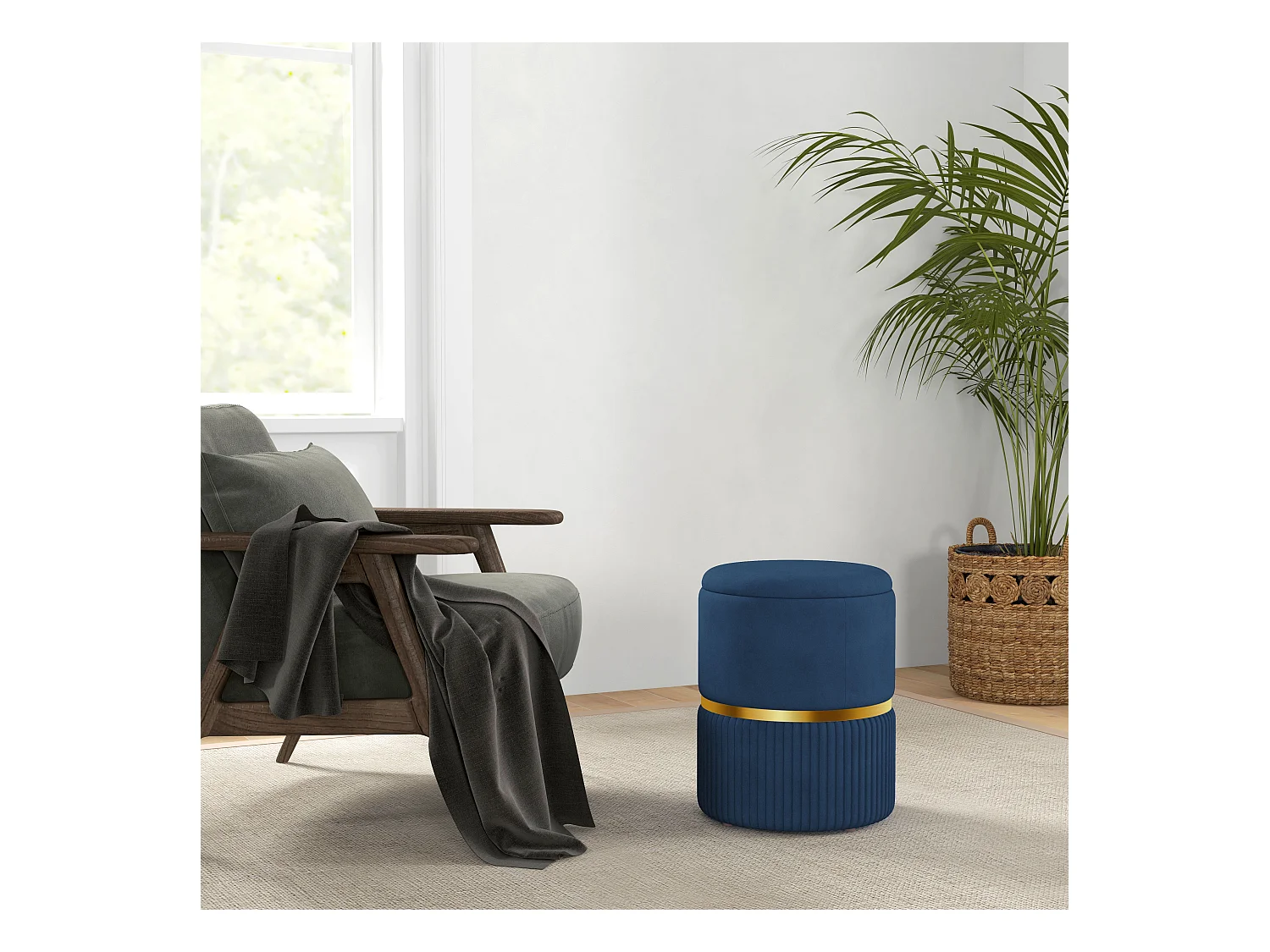 Pouf repose-pied tabouret design avec coffre de rangement velours côtelé acier brossé doré bleu foncé