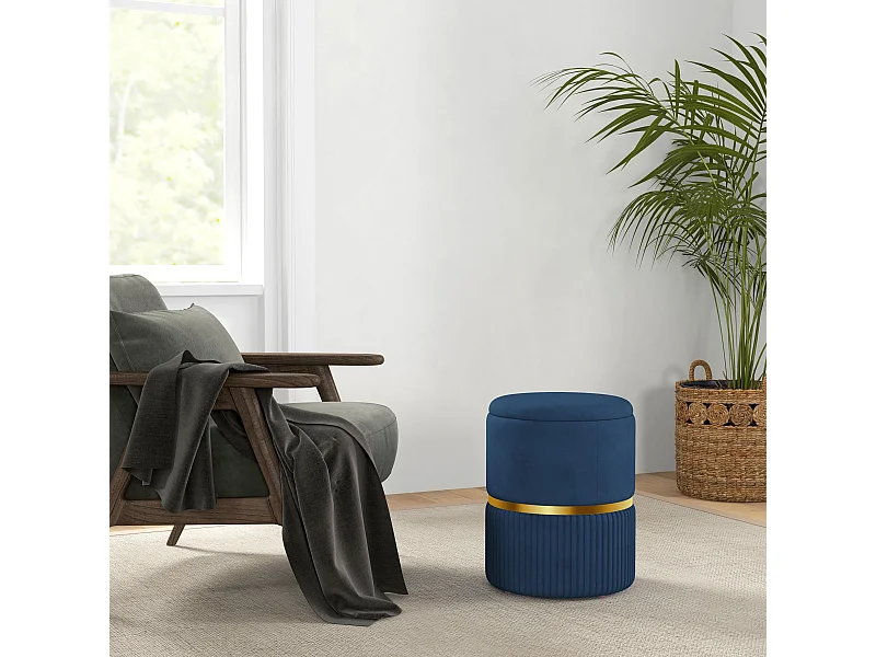Pouf repose-pied tabouret design avec coffre de rangement velours côtelé acier brossé doré bleu foncé