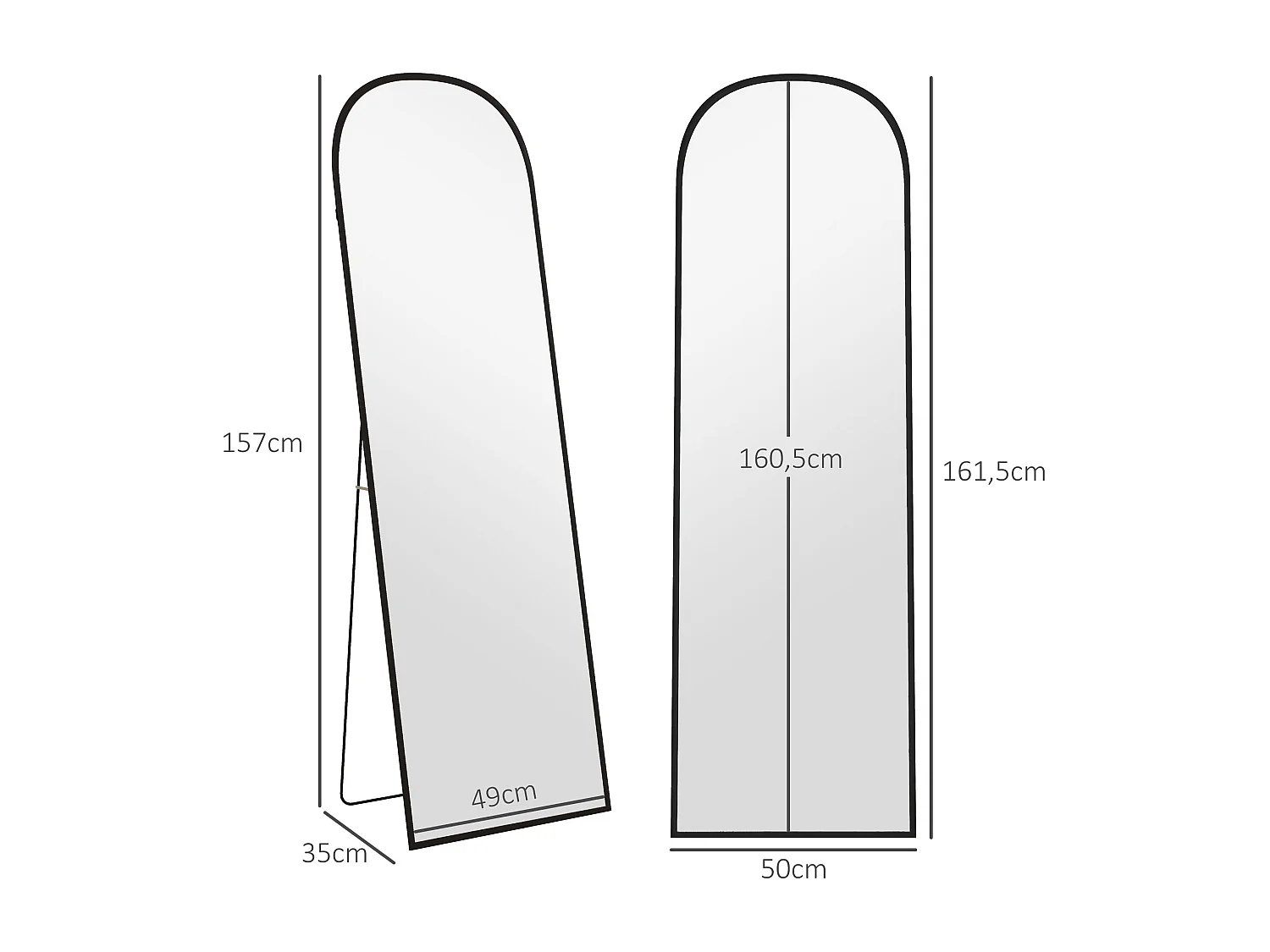 Miroir sur pied - miroir mural rectangulaire arrondi - dim. 50L x 161,5H cm - alu. noir