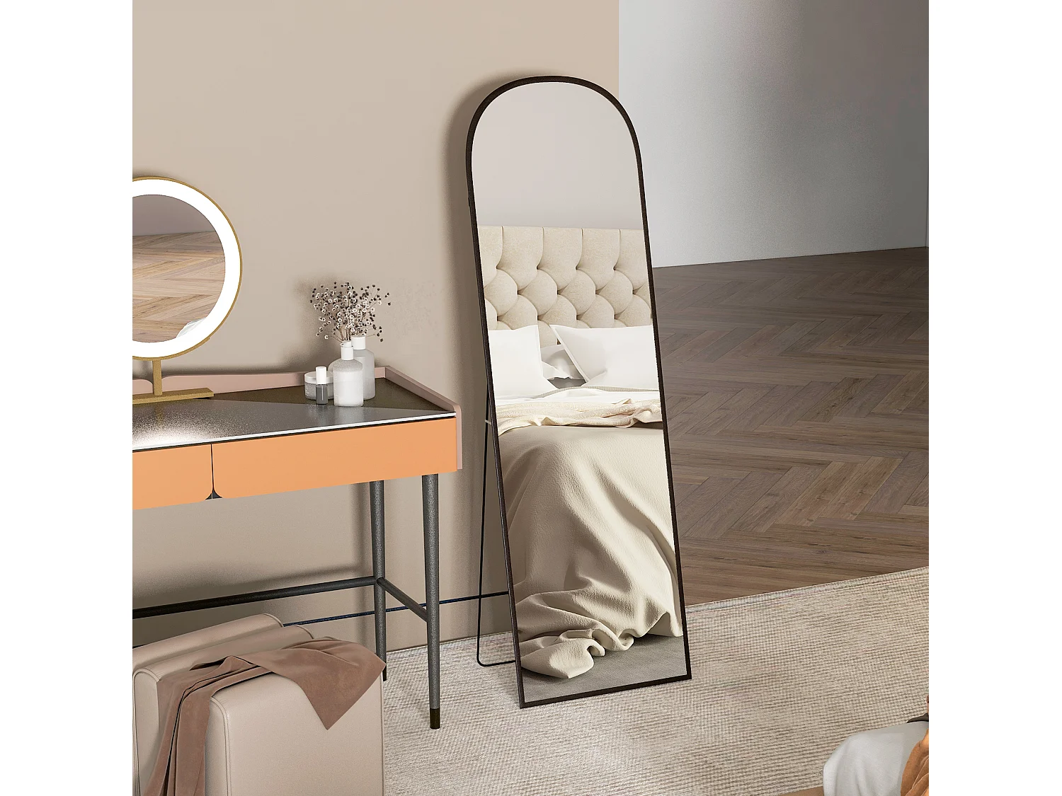 Miroir sur pied - miroir mural rectangulaire arrondi - dim. 50L x 161,5H cm - alu. noir