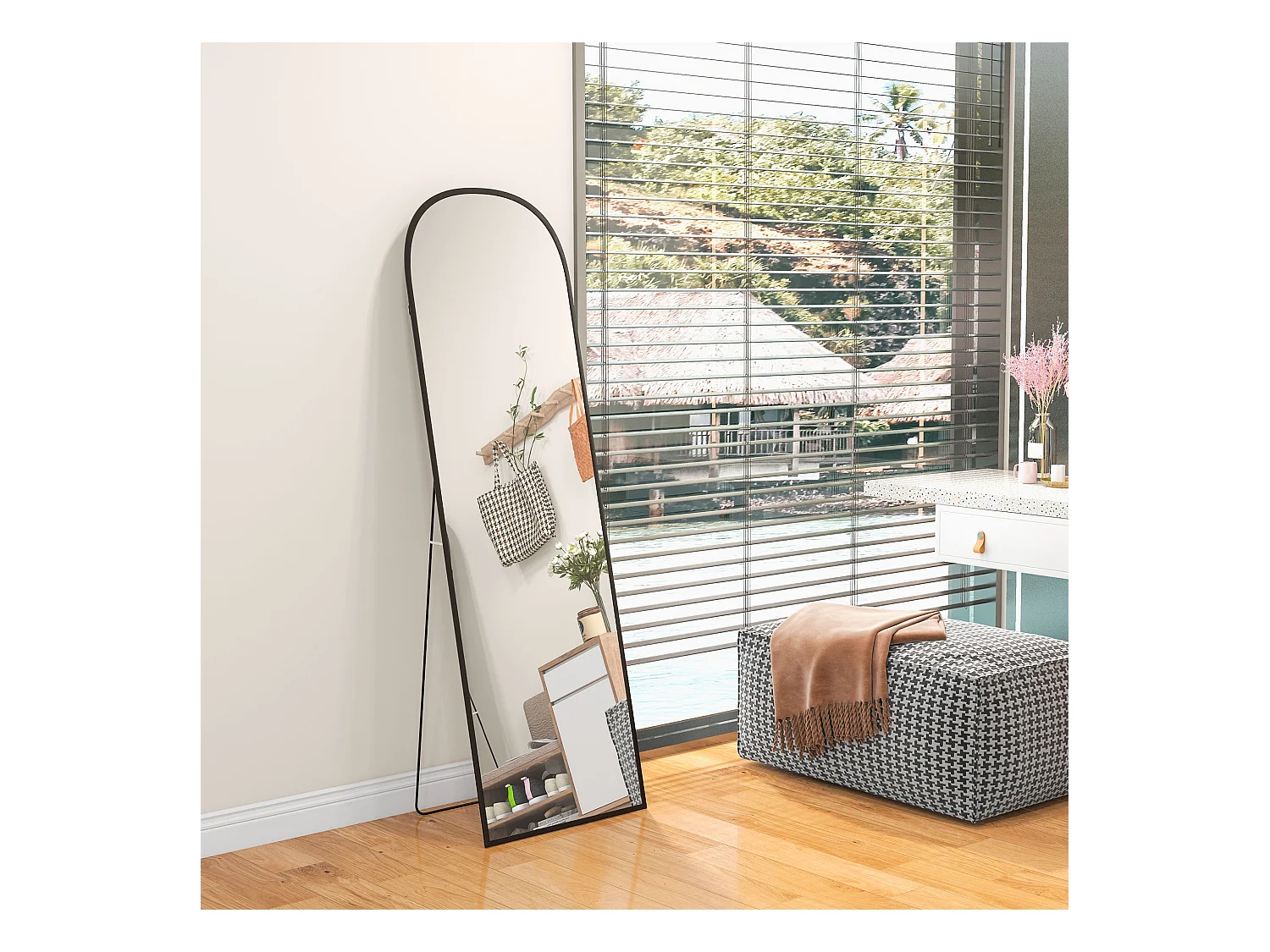 Miroir sur pied - miroir mural rectangulaire arrondi - dim. 50L x 161,5H cm - alu. noir