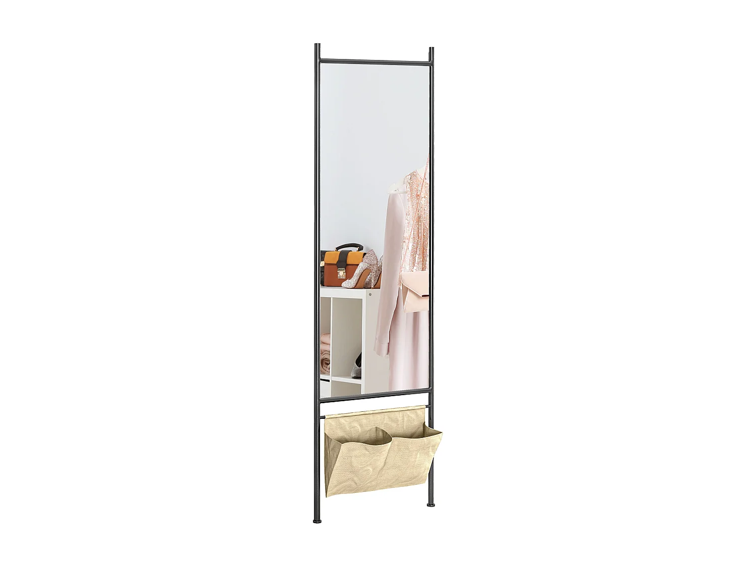 Miroir rectangulaire sur pied dim. 56L x 2l x 190H cm - 2 pochettes rangement - métal noir