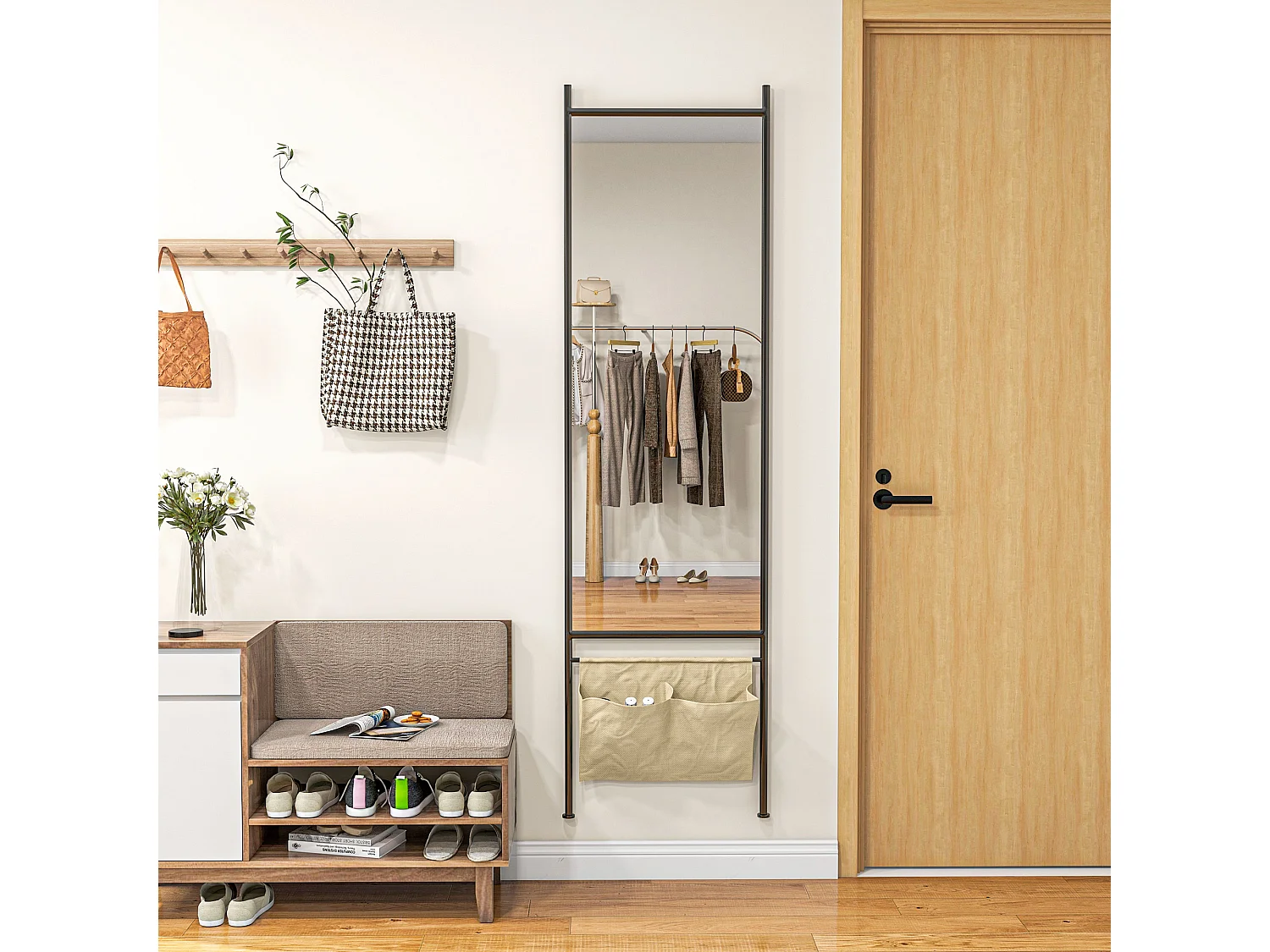 Miroir rectangulaire sur pied dim. 56L x 2l x 190H cm - 2 pochettes rangement - métal noir