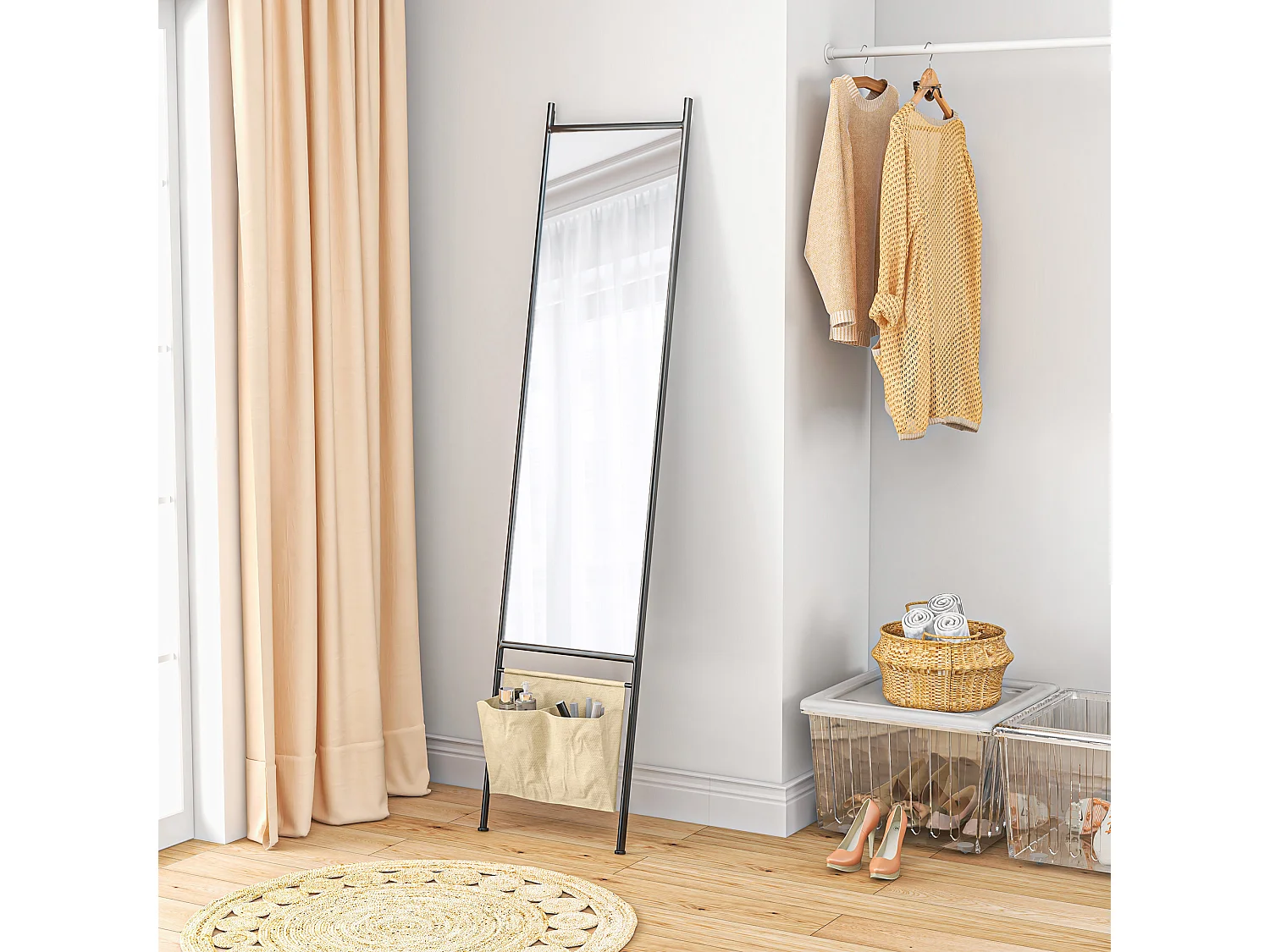 Miroir rectangulaire sur pied dim. 56L x 2l x 190H cm - 2 pochettes rangement - métal noir