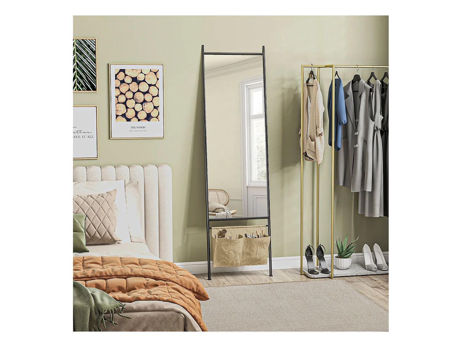Miroir rectangulaire sur pied dim. 56L x 2l x 190H cm - 2 pochettes rangement - métal noir