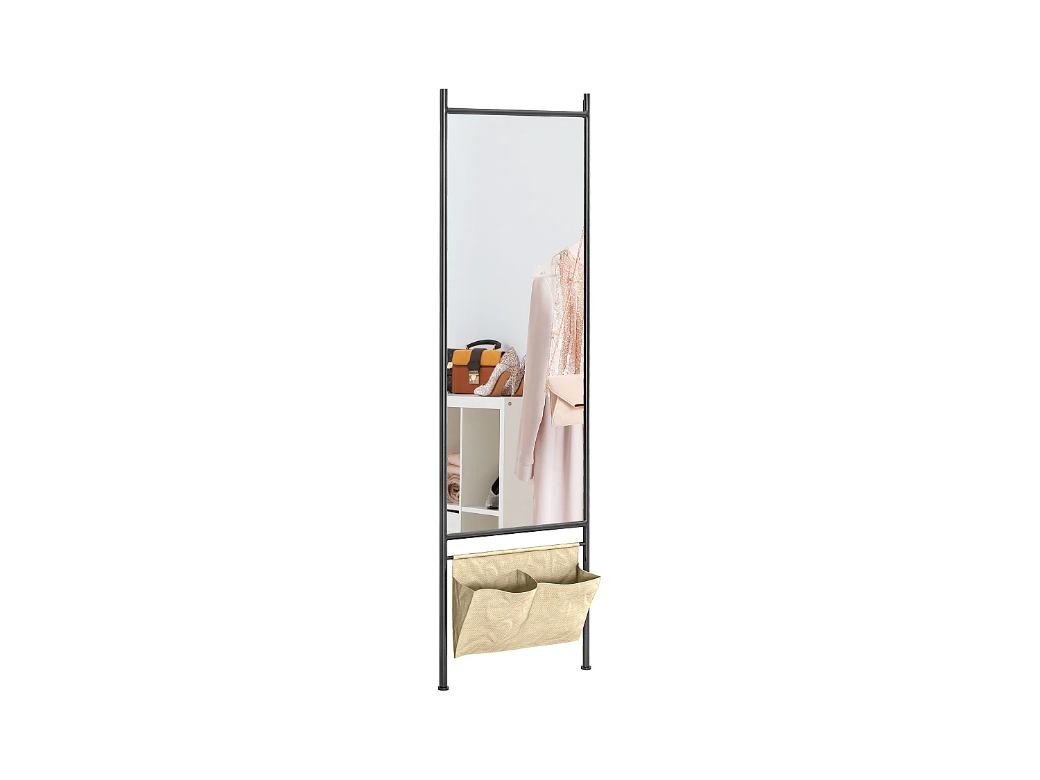 Miroir rectangulaire sur pied dim. 56L x 2l x 190H cm - 2 pochettes rangement - métal noir