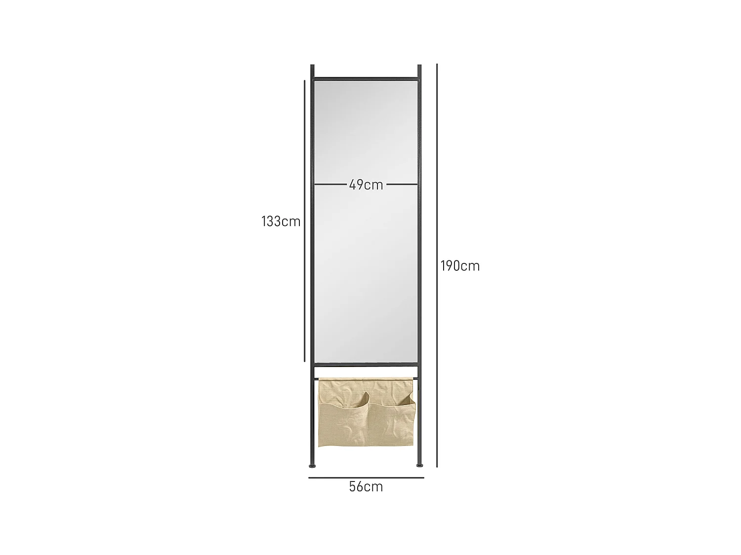 Miroir rectangulaire sur pied dim. 56L x 2l x 190H cm - 2 pochettes rangement - métal noir