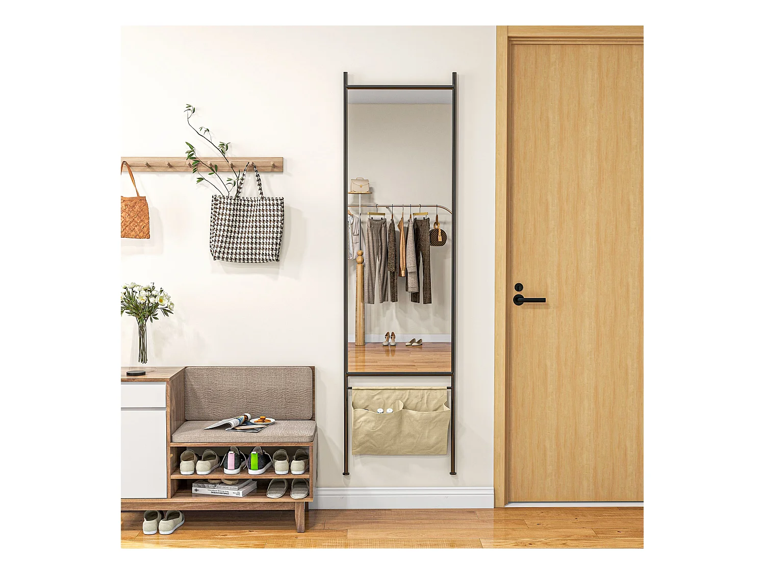 Miroir rectangulaire sur pied dim. 56L x 2l x 190H cm - 2 pochettes rangement - métal noir