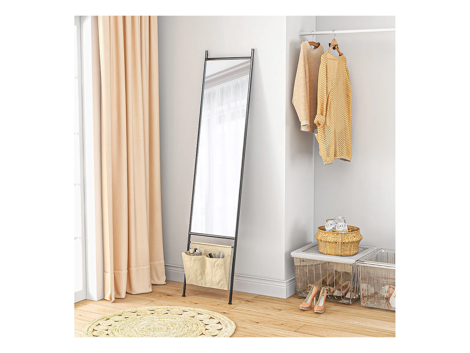 Miroir rectangulaire sur pied dim. 56L x 2l x 190H cm - 2 pochettes rangement - métal noir