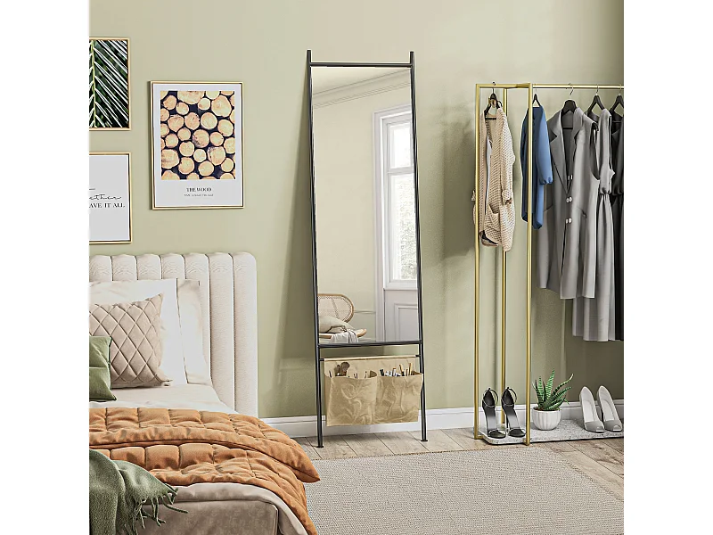 Miroir rectangulaire sur pied dim. 56L x 2l x 190H cm - 2 pochettes rangement - métal noir