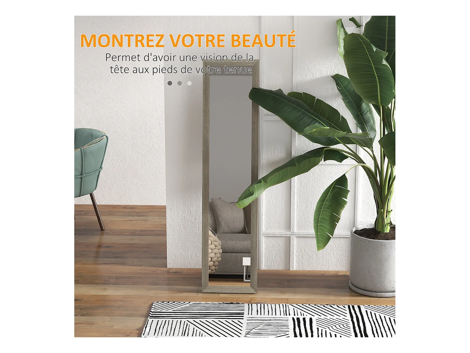 Miroir sur pied et mural rectangulaire dim. 37L x 40l x 157H cm aspect bois gris