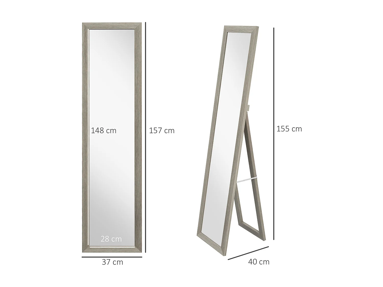 Miroir sur pied et mural rectangulaire dim. 37L x 40l x 157H cm aspect bois gris