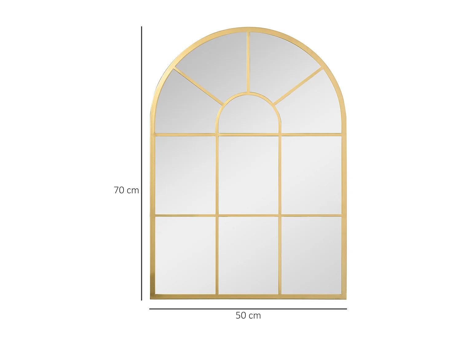 Miroir mural style art déco forme voûtée dim. 50L x 70H cm métal doré verre