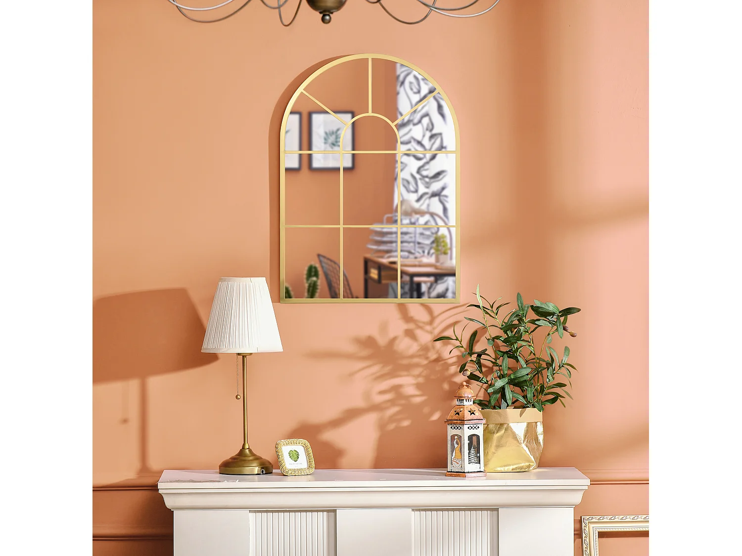 Miroir mural style art déco forme voûtée dim. 50L x 70H cm métal doré verre