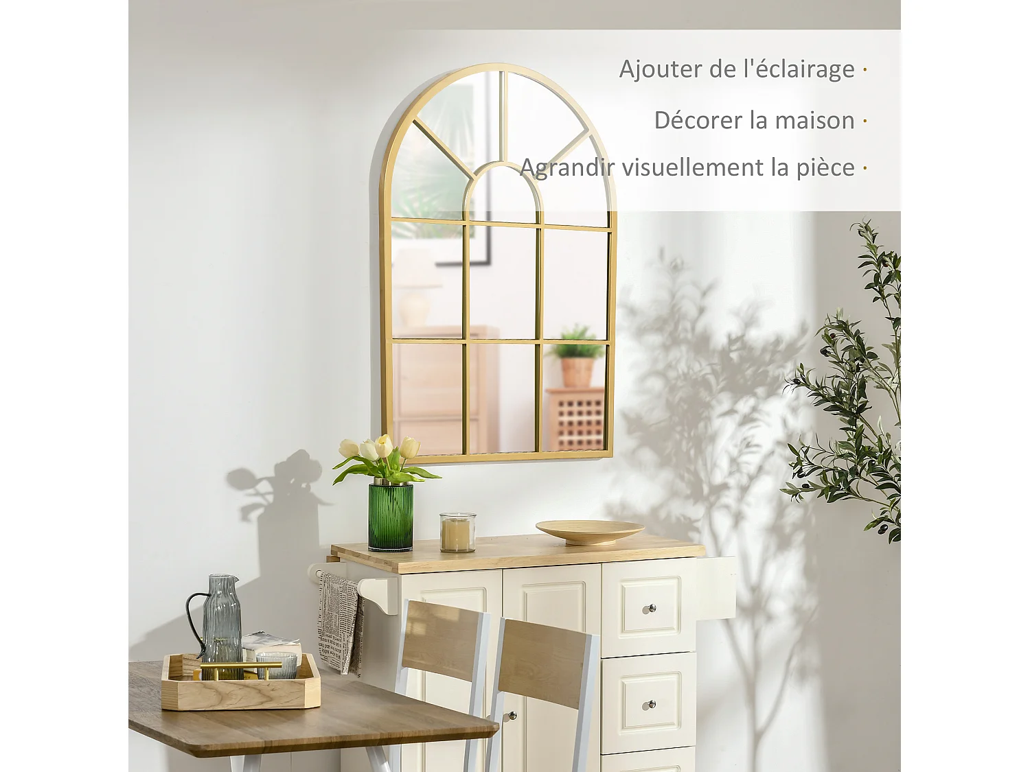 Miroir mural style art déco forme voûtée dim. 50L x 70H cm métal doré verre