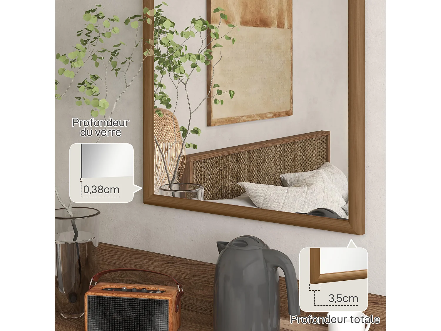 Miroir mural arche, 110 x 65 cm cadre en bois, miroir arqué pour le salon, la chambre, l'entrée, brun foncé