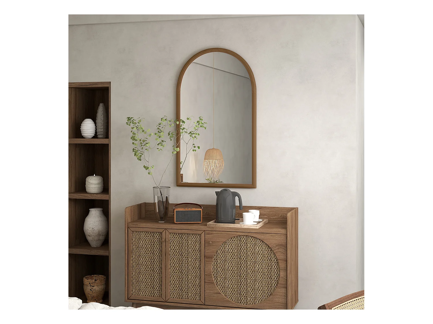 Miroir mural arche, 110 x 65 cm cadre en bois, miroir arqué pour le salon, la chambre, l'entrée, brun foncé