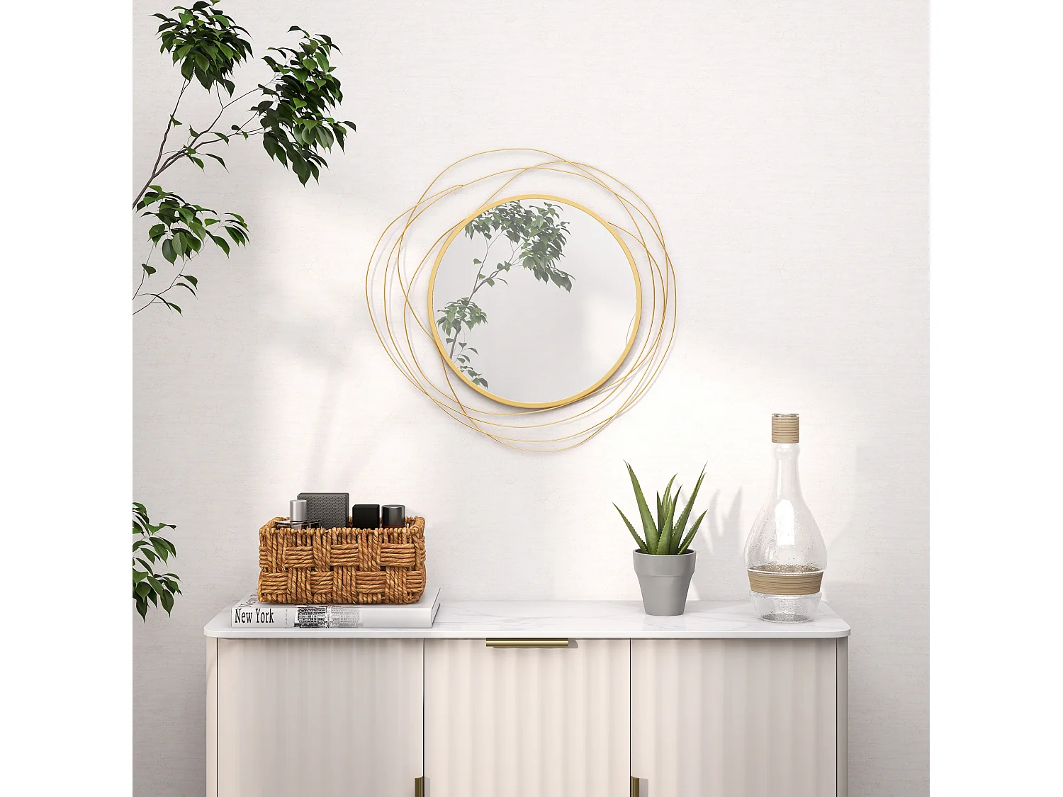Miroir rond design moderne Ø 65 cm métal filaire doré