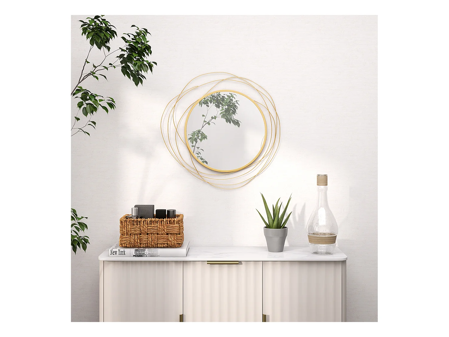 Miroir rond design moderne Ø 65 cm métal filaire doré