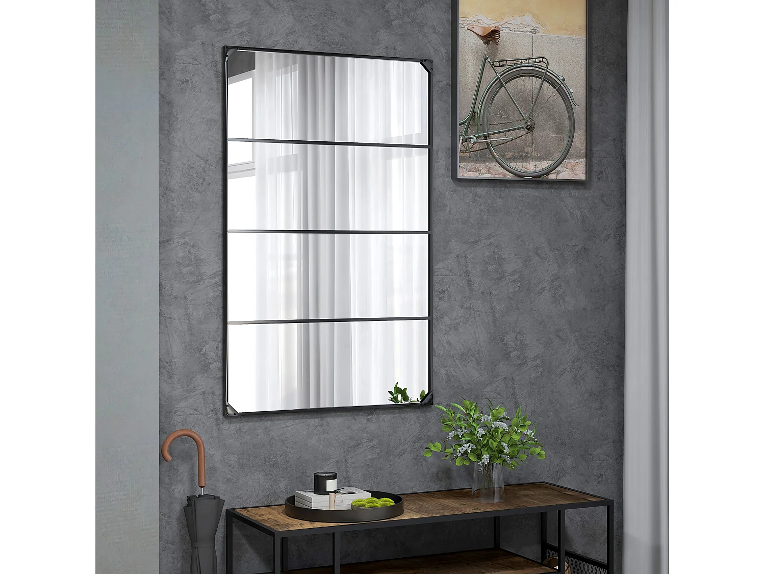 Miroir mural verrière rectangulaire style industriel - horizontal ou vertical - 4 crochets - métal noir